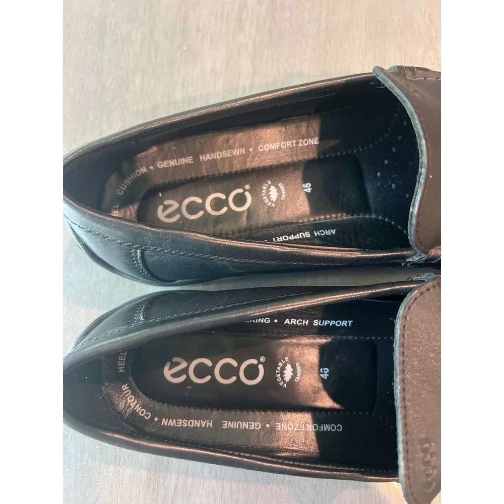 ECCO Mens Black Leather Loafers Handsewn Moc Toe Extra Width EU 46 US 12-12.5